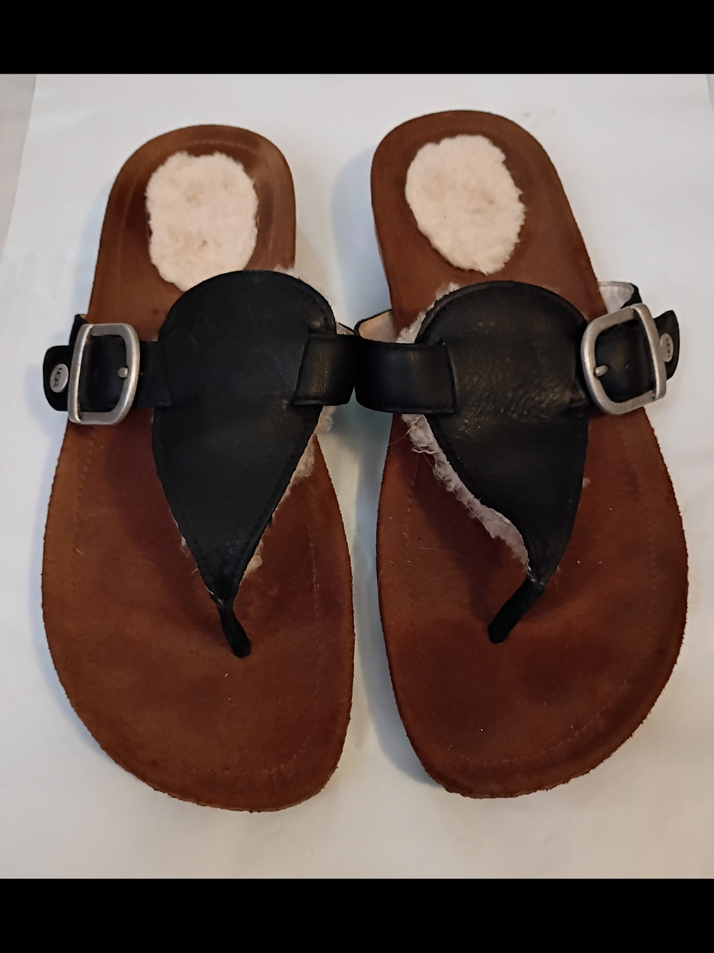 UGG Black Leather Shearling-Trim Thong Sandals with Brown Footbed